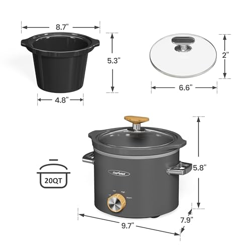 Sunvivi 2 Quart Slow Cooker, Small Slow Cooker with Removable Ceramic Pot, Slow Cookers Food Warmer with 3 Heating Settings & Dishwasher Safe Glass Lid, Grey