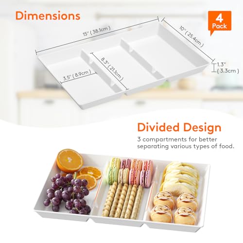 Lifewit Serving Tray Divided for Party Supplies, 4 PCS 15" x 10" Plastic Platters for Serving Food, White Reusable Tray for Veggie, Snack, Fruit, Cookies, Desserts in Kitchen/Pantry