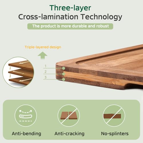 Vocvee Bamboo Cutting Boards for Kitchen(Set of 3), Wood Cutting Board with Wood Storage Stand, Charcuterie & Chopping Board for Vegetables and Meat, with Deep Juice Groove, Ideal Kitchen Gifts