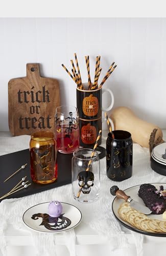 Oneida Barware, Vintro Halloween Can Cooler Glasses, Set of 4, Dishwasher Safe, Made of Glass, Spooky Drinking Glasses Set, Halloween Decor Indoor, Skeletons and Bats Design (4 Piece, 16 Oz Capacity)