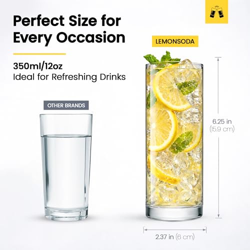 LEMONSODA Premium Highball Glass Set | Tom Collins Glasses 12oz Set of 6 | Lead-Free Glass with Heavy Base | Dishwasher Safe Cocktail Glasses for Mojito Whiskey Iced Tea | Modern Durable Bar Glassware