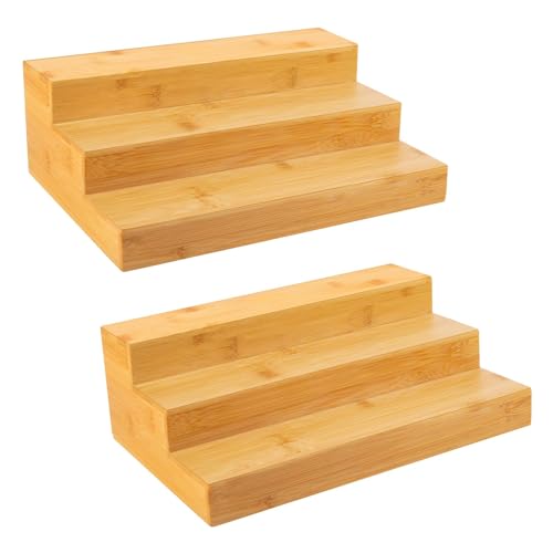 MillTu Bamboo Spice Rack Organizer for Cabinet 2 Pack - 3 Tier Countertop Step Shelf, Seasoning Storage Stand for Kitchen Pantry, Spice Holder for Jars Bottles Cans (Natural)