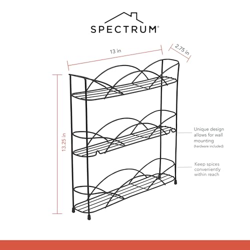 Spectrum 3 Tier Spice Rack Organizer Black Countertop Wire Shelf Spice Rack for Modern Kitchen Pantry Cabinet, Organize Spices with Three Tier Spice Shelf for Kitchen Storage with Wall Mount Option