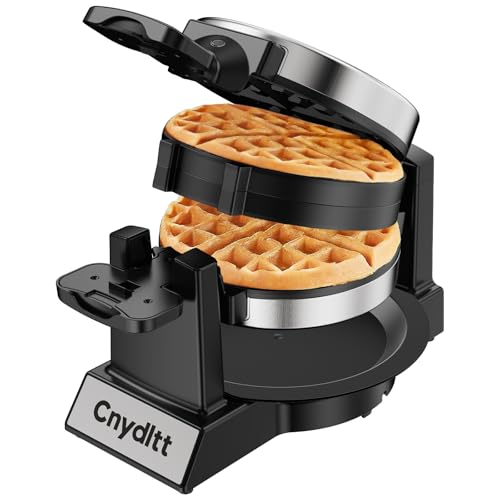 Cnydltt Double Waffle Maker - 1400W Rotating Belgian Waffle Iron, Cooks 2 at Once (8 Slices), 180° Flip Nonstick Plates, Smart Temp Control, Removable Drip Tray, Locking Lid, Stainless, Black