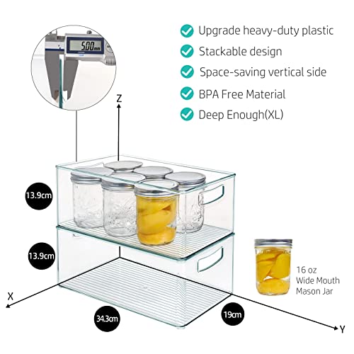 Hudgan 8 PACK Stackable Pantry Organizer Bins (3 Size) - Clear Fridge Organizer for Kitchen, Freezer, Refrigerator, Cabinet - Plastic Storage Container with Handle for Home