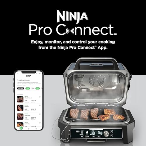 Ninja Woodfire Pro Connect XL Outdoor Grill & Smoker | Bluetooth, App Enabled | 7-in-1 Grill, BBQ Smoker, Outdoor Air Fryer | Woodfire Technology | Built-In Thermometer | Blue & Gold| OG951BL1