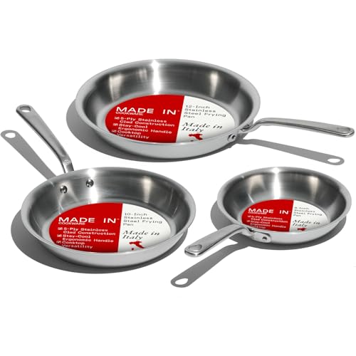 Made In Cookware, 3-Piece (Includes 8",10",12") Stainless Frying Pan Set, 5 Ply Stainless Clad, Professional