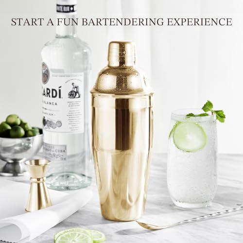 KITESSENSU Cocktail Shaker Set, Stainless Steel Bartending Kit with 25 Ounce Cocktail Shaker with Built in Drink Strainer, Measuring Jigger, Mixing Spoon & Drink Recipe Guide, Gold