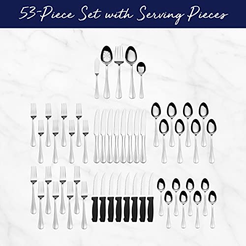 Pfaltzgraff Simplicity 53-Piece Flatware Set, 18/0 Stainless Steel Silverware Set for 8 with Serving Utensils, Classic Dining Cutlery for Everyday Use and Entertaining