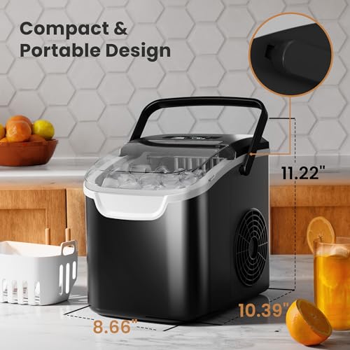 Countertop Portable Ice Maker Machine with Handle, 8 Bullet-Shaped Ice Cubes Ready in 6 Mins, 26Lbs/24H, Self-Cleaning Function with Ice Scoop and Basket for Home/Kitchen/Party (Black)