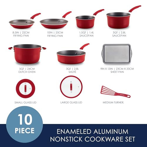 Rachael Ray Cook + Create Aluminum Nonstick Cookware Set, 10-Piece, Red