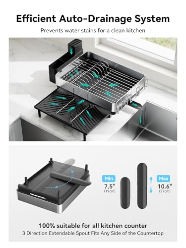 SUNLY Large Dish Drying Rack, Expandable Dish Racks for Kitchen Counter, Space Saving 304 Stainless Steel Drying Rack Kitchen, Extra Large Drainer with Multifunctional Flip Up Pegs, Black