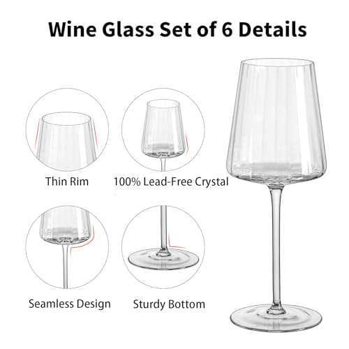 Imourari Ribbed Wine Glasses Set of 6: 13.5oz Cute Hand Blown Lead-Free Crystal Long Stem Red Wines Cups for Wedding Party Birthday