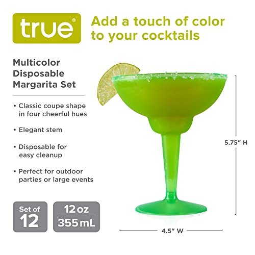 True Plastic Margarita Glasses Disposable, Margarita Cups 12 oz – Colorful Neon Plastic Cups for Pool, Beach, BBQ, Holiday & Party Use, Indoor & Outdoor, Birthday Party Supplies, Set of 12, Multicolor