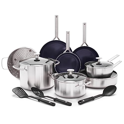 Blue Diamond 15 Piece Stainless Steel Tri-Ply Cookware Pots and Pans Set, Induction