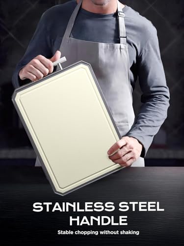 SNOWCLAD Stainless Steel Cutting Board,Double Sided Steel Bread Boards for kitchen,Stainless Steel/Wheat straw pp Large Board for meat,non toxic Chopping,Dishwasher Safe,16 * 11 Inch