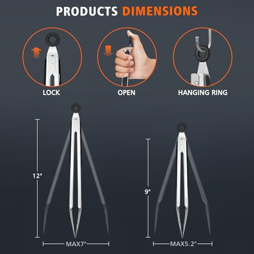 Hotec Stainless Steel Kitchen Tongs, Set of 2-9" and 12", Locking Metal Food Tongs for Cooking, Serving, BBQ, Grill Non-Slip Grip