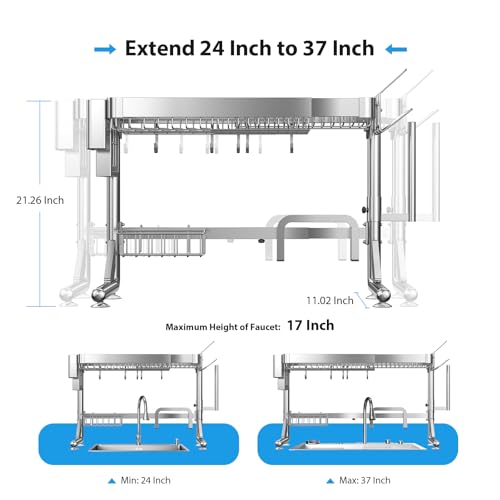 Shrivee Over The Sink Dish Drainer Drying Rack, 2 Tier Adjustable Width (20.87'' to 37.6'') 304 Stainless Steel Large Over Sink Dish Drying Rack for Kitchen Counter Organizer, (Silver)