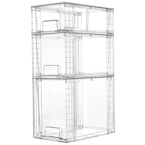 Vtopmart 3 Pack Clear Stackable Storage Drawers,Easy to Assemble Bathroom Organizers and Storage with handles,Plastic Drawers for Kitchen Pantry,Cabinet,Under Sink Organization