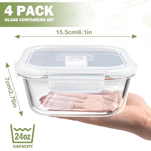 Susukkie Square Glass Containers with Lids 3 Cup/24 oz, 4 Pack