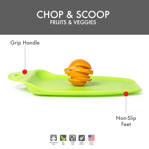 Dexas Chop & Scoop Cutting Board, 9.5 x 13 Inch, Solid Green, BPA-Free Dishwasher Safe Kitchen Prep Board with Handle
