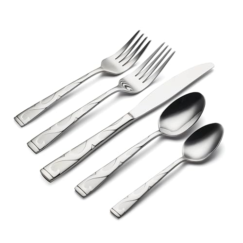 Oneida Silverware Set For 8, Tuscany 45-Piece Everyday Flatware Set with Serving Utensils, Service For 8, 18/0 Stainless Steel, Dishwasher Safe, Knives Spoons And Forks Sets, Dining (Silver, 45 Piece)