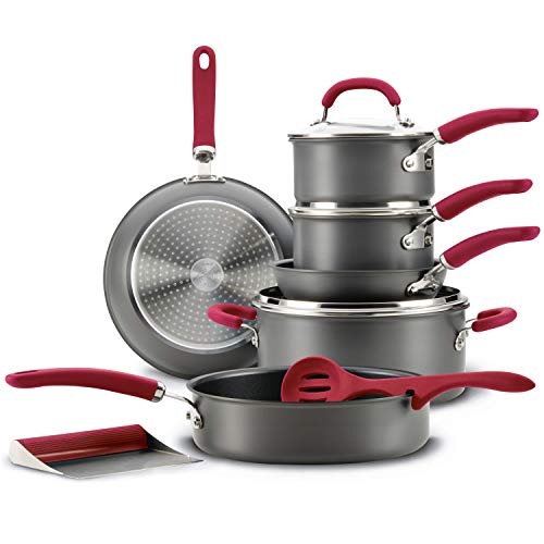 Rachael Ray Create Delicious Hard Anodized Nonstick Cookware Pots and Pans Set, 11 Piece, Red Handles