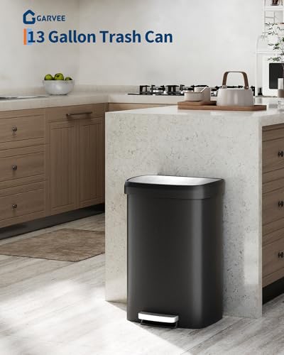 Garvee 13 gal / 50 L Plastic Trash Can with Lid, Large Garbage Can for Kitchen, Rustproof Step-on Kitchen Trash Bin with Liner Rim, Rear Handle, Soft Close Lid, Black