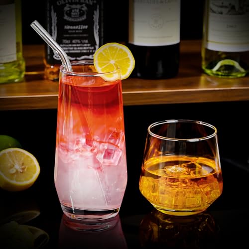 ZMOWIPDL Drinking Glasses Set of 8,Clear 13 oz & 18oz Crystal Glass Cups,Drinkware Glassware,Highball Water Tumbler,Short Stemless Wine Glasses，for Beer,Cocktail,Whiskey,Juice and Various Mixed Drinks