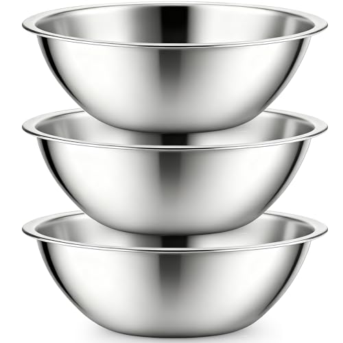 Suwimut 3 Pack Stainless Steel Mixing Bowls, 6 Quart Flat Base Stainless Steel Serving Bowls, 12.6 Inch Mirror Polish Large Metal Bowl Set for Kitchen Cooking, Baking, Prepping