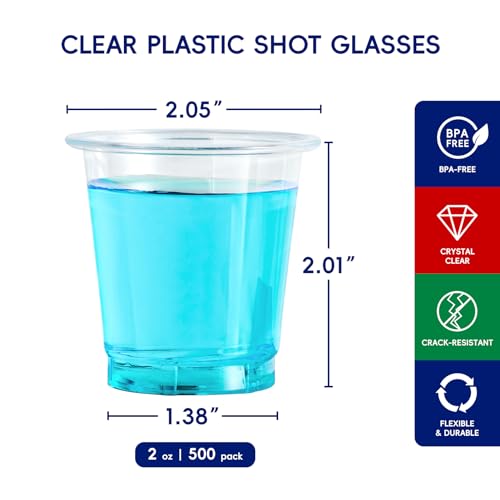 JOLLY CHEF 500 Pack 2 oz Plastic Shot Glasses, Clear Disposable Cups, Plastic Shot Cups Disposable for Jelly Shots, Wine Tasting, Food Samples,Thanksgiving Party, Wedding, Christmas