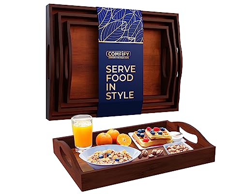 Comfify Dark Brown Bamboo Serving Trays Set of 3 – Nesting Ottoman Trays