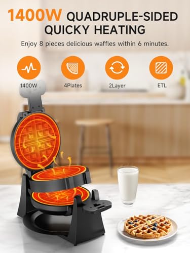 Waffle Maker, 1400W Double Belgian Waffle Iron 180° Flip, 8 Slices, Rotating & Nonstick Plates, Removable Drip Tray for Easy Cleaning, Cool Touch Handles, Space Saving Storage, Black