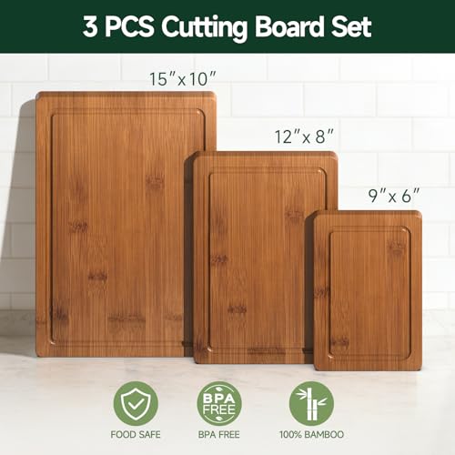 Zeawec 3-Piece Set Bamboo Cutting Board for Kitchen - Crack-Resistant Wood Chopping Boards with Deep Juice Grooves, Pre-Oiled Butcher Block for Meat, Vegetables & Cheese, Carbonized