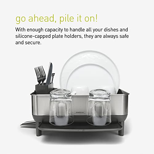 simplehuman Steel Frame Dishrack, Compact Dish Drying Rack for Small Kitchens, 360º Easy Drain Swivel Spout, Anti-Residue Coating, Moisture Control Surface, Brushed Stainless Steel