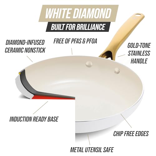 Blue Diamond 12 Piece Nonstick Cookware Set, Diamond Ceramic Pots & Pans, Dishwasher & Metal Utensil Safe, Non Toxic PFAS-Free, Kitchen Cooking Sauce & Saute Pans, Oven & Broiler to 600F, White