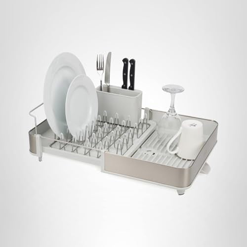 Joseph Joseph Extend Steel Expandable Dish Drying Rack with Removable Cutlery Holder Swivel Draining Spout, Stainless Steel