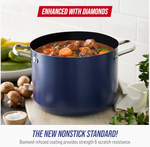 Blue Diamond 8QT Nonstick Stockpot with Glass Lid, PFAS-Free Ceramic, Multipurpose Cooking, Sauces & Soups, Pasta, Boiling & Canning Pot, Dishwasher & Oven Safe, Stainless Steel Handles, Blue