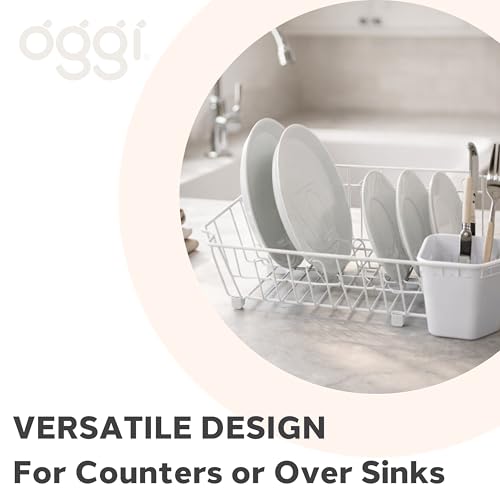 Oggi Compact Dish Drying Rack - White Metal Dish Drainer Rack, Drying Rack Kitchen, Dish Rack, Dish Racks for Kitchen Counter, Durable Coated Metal Kitchen Drying Rack with Cutlery Holder