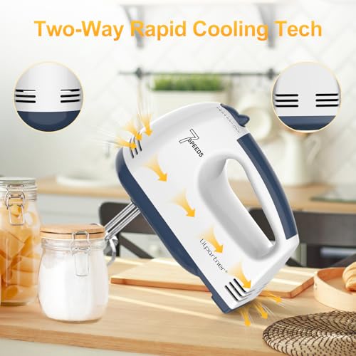 LILPARTNER Hand Mixer Electric, Ultra Power Kitchen Hand Mixer With 7-Speed & 5 Stainless Steel Accessories for Whipping Dough, Cream, Cake, Dishwasher Safe, Light White