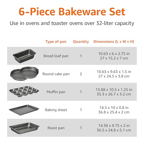Amazon Basics 6 Piece Nonstick Carbon Steel Bakeware Set with Cake, Muffin, Cookie, and Loaf Pans, Easy Release, Oven Safe, 16.25 x 11.75 x 6.25 inches