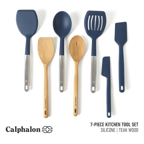 Calphalon Prime 7-Piece Silicone and Teak Wood Kitchen Tool Set, Stainless Steel Kitchen Utensil Set, Kitchen Spoon And Spatula Set, Heat Resistant Non-Slip Kitchen Gadgets Set - Navy Blue