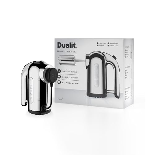 Dualit Hand Mixer - 300W- Strong Grip Handle - Attachments Included - Integral Plug Storage - 4 Speed Settings - Repairable gears - Flat Beaters, Dough Hooks, Balloon Whisk