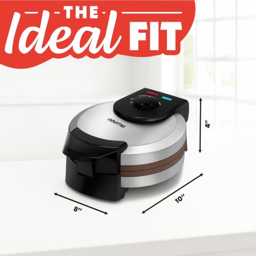 Gourmia Belgian Waffle Maker – Compact Design with Upright Storage, Adjustable Browning, and Easy-Clean Nonstick Ceramic Plates, Stainless Steel