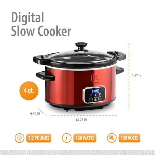 Toastmaster 4-Quart Digital Slow Cooker with Locking Lid - Food Warmer for Dip, Soups, Parties, Meal Preparation & More - Red
