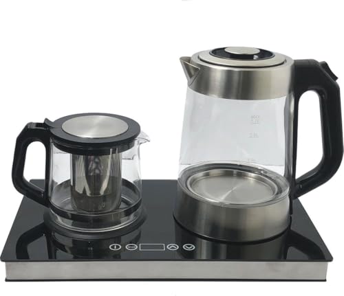 Middle Eastern Persian Iranian Russian Arab Turkish Style Electric Cordless Tea Maker Samovar Stainless Steel Glass Double Kettle Smart Keep Warm Tray Plate (Modern)
