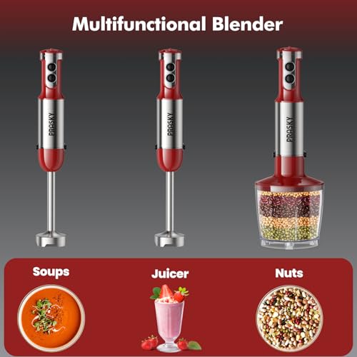 Immersion Blender Handheld 1200W, 5-in-1 Hand Blenders, 20 Speeds Hand Mixer, Stainless Steel Blades, Milk Frother Wand, Whisk, Beaker, Suitable for Kitchen, Protein Shakes and Baby Food (Red)