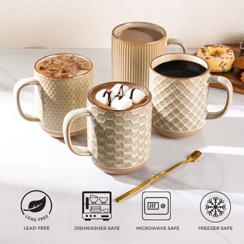 GBhome Large Coffee Mugs Set of 4, 16oz Handmade Stoneware Coffee Mugs Set with Large Handle for Cappuccino/Latte/Tea/Hot Cocoa, Dishwasher & Microwave Safe-Pale khaki