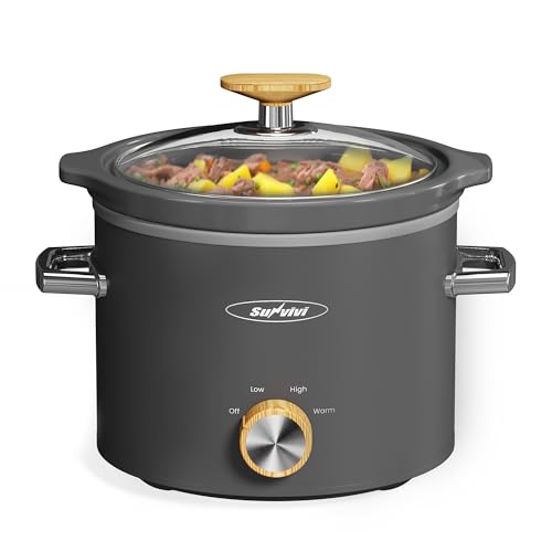Sunvivi 2 Quart Slow Cooker, Small Slow Cooker with Removable Ceramic Pot, Slow Cookers Food Warmer with 3 Heating Settings & Dishwasher Safe Glass Lid, Grey