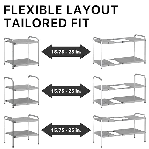 Simple Houseware Under Sink 2-Tier Heavy Duty Expandable Rack Organizer, Adjustable Width 15.75–25 Inches with 4 Shelf Height Levels, Silver